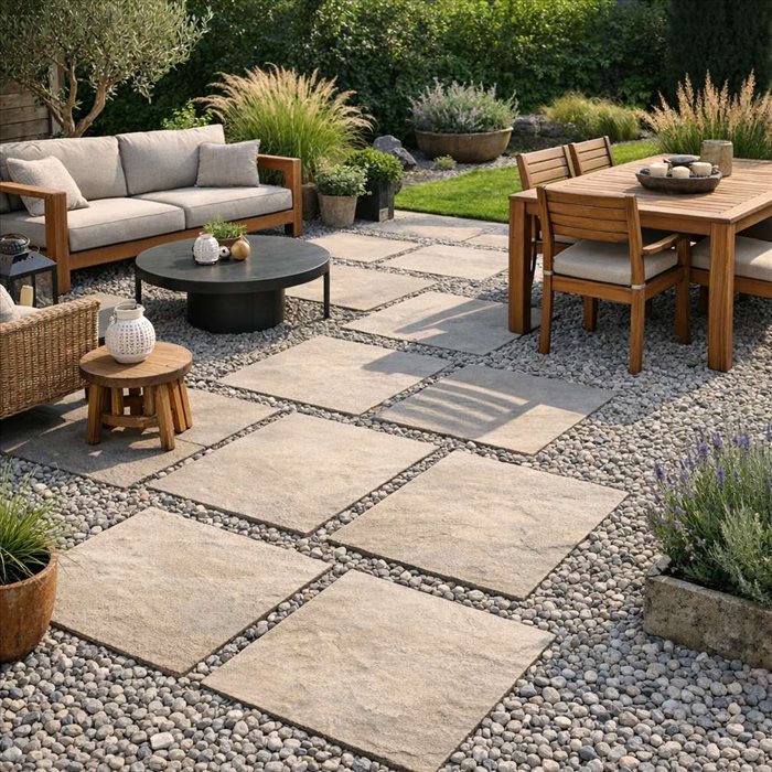 Terrasse en gravier et dalles : conception, pose et conseils